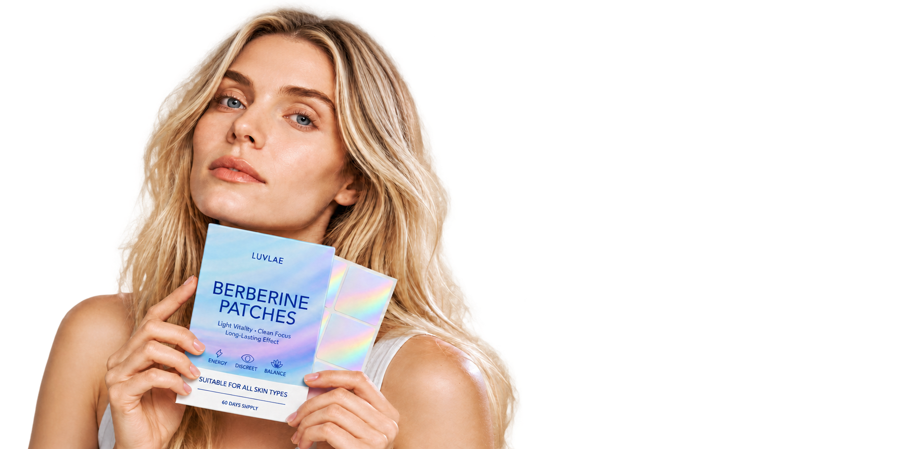 Woman holding a Luvlae Berberine Patches box and a sheet of pearly patches