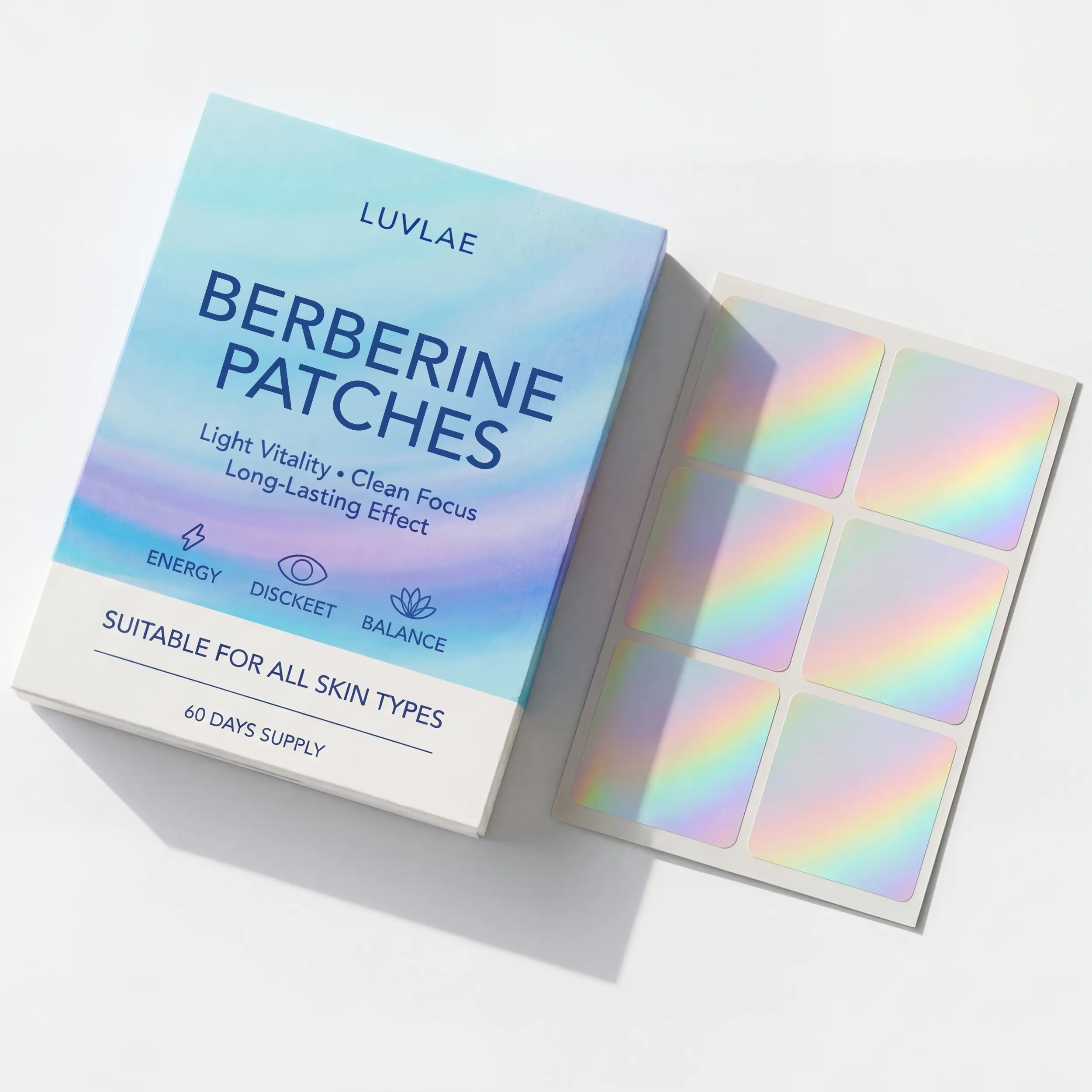 Luvlae Berberine Patches box beside a sheet of iridescent patches