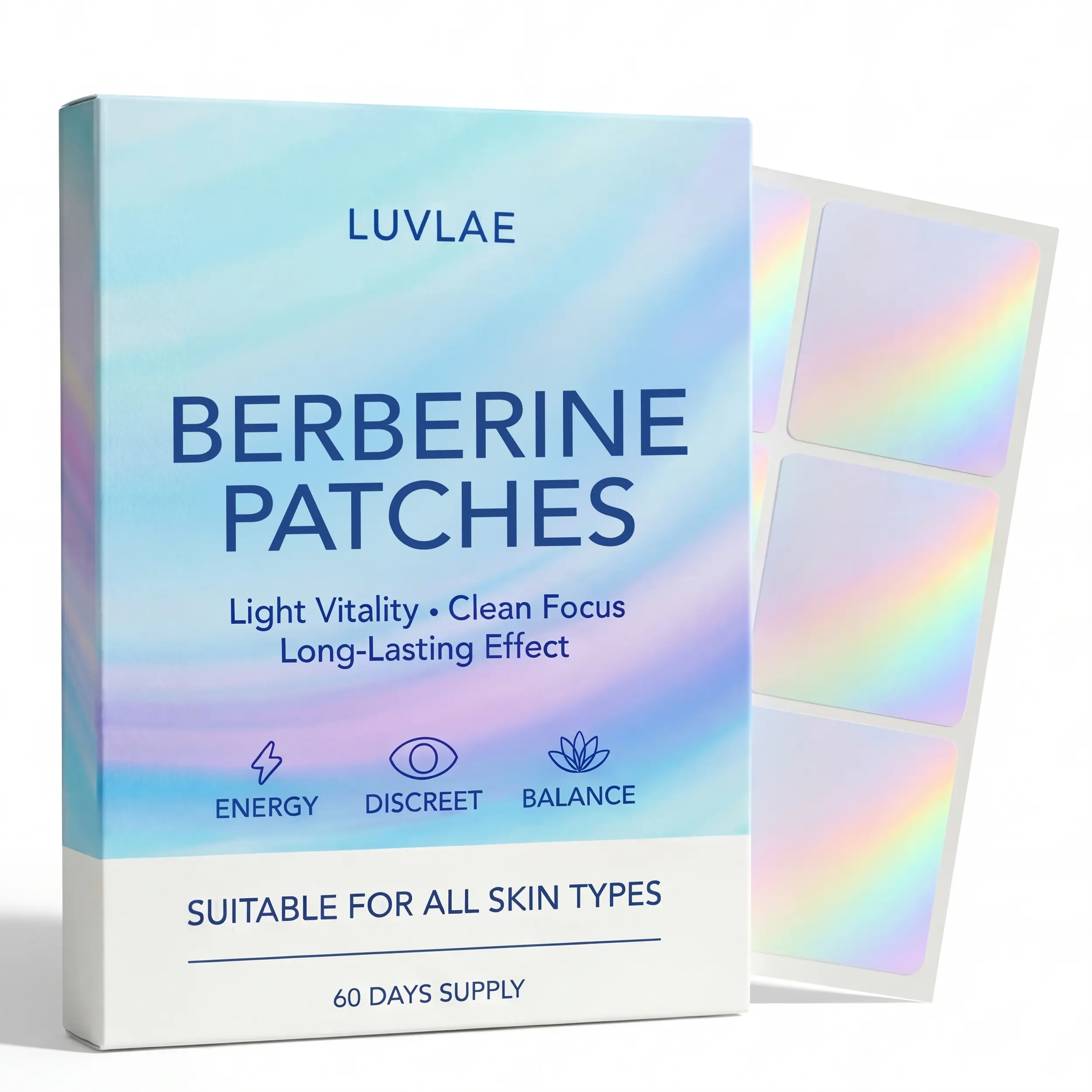 Close view of the Luvlae Berberine Patches box and patch sheet