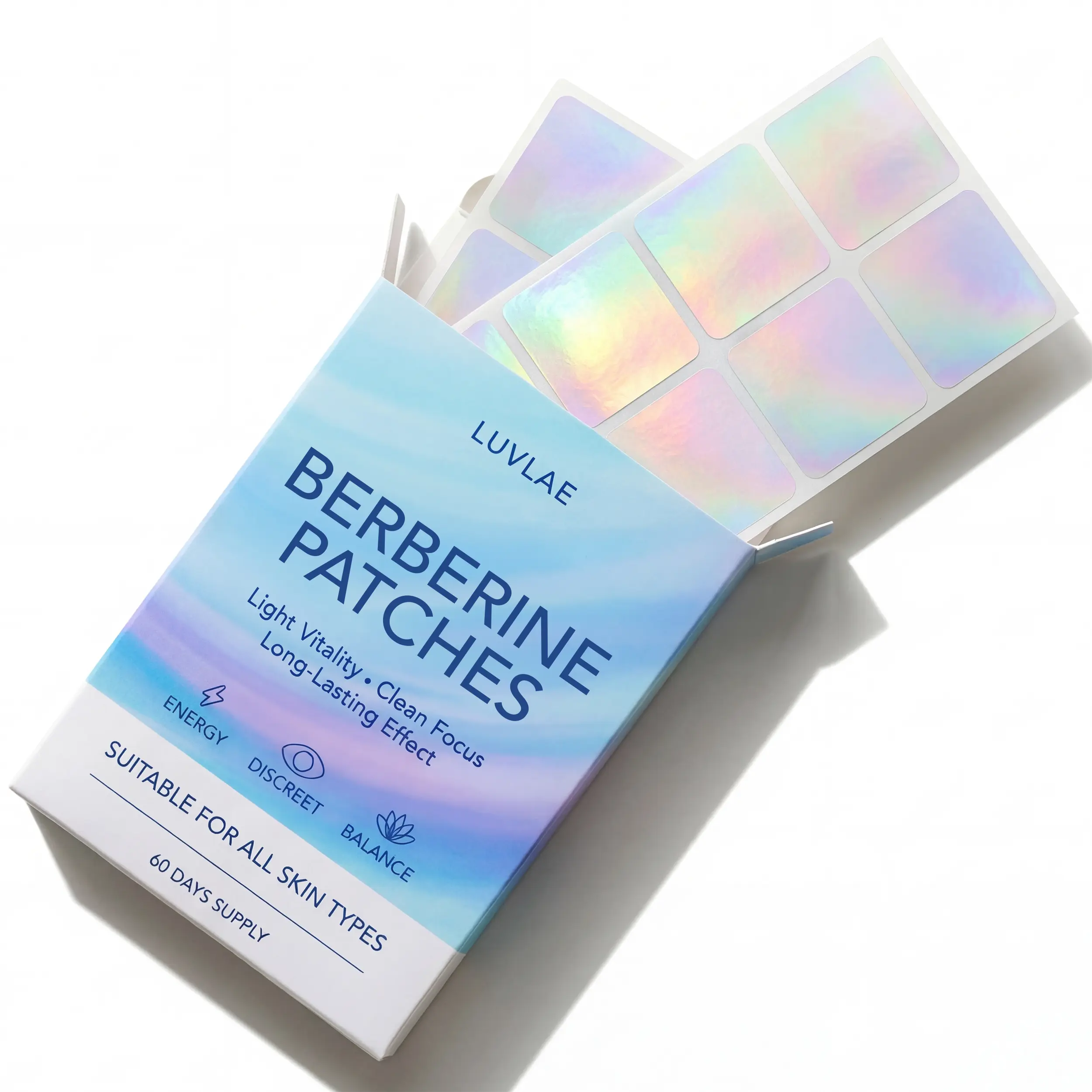 Illustrative open Luvlae Berberine Patches box showing individual patches and inserts